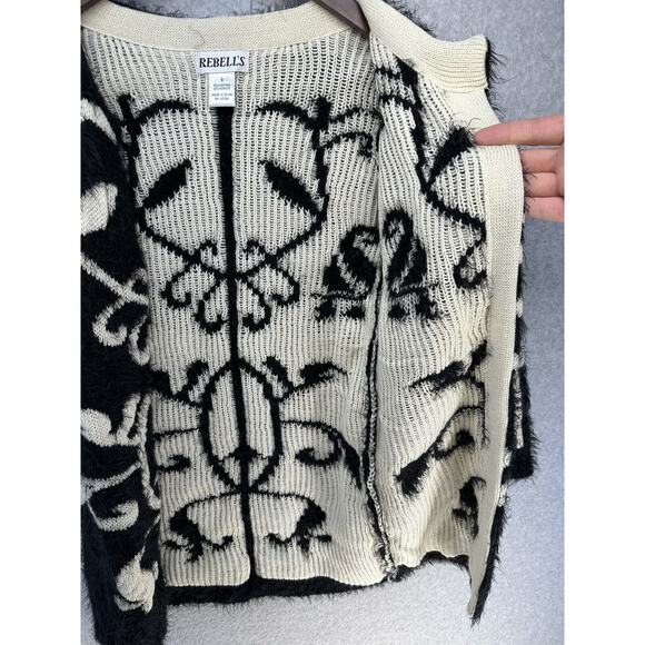 Rebells Womens Open Cardigan Fuzzy Black Cream Floral Print Long Sleeve Size S - Picture 9 of 11